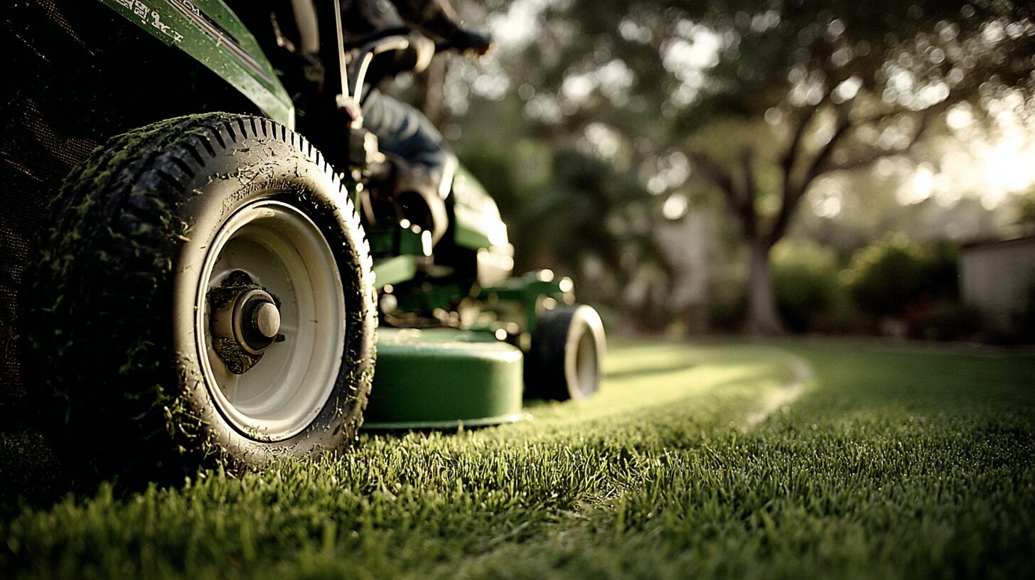 Close-up of a lawn mower wheel and tire on fresh-cut grass at golden hour