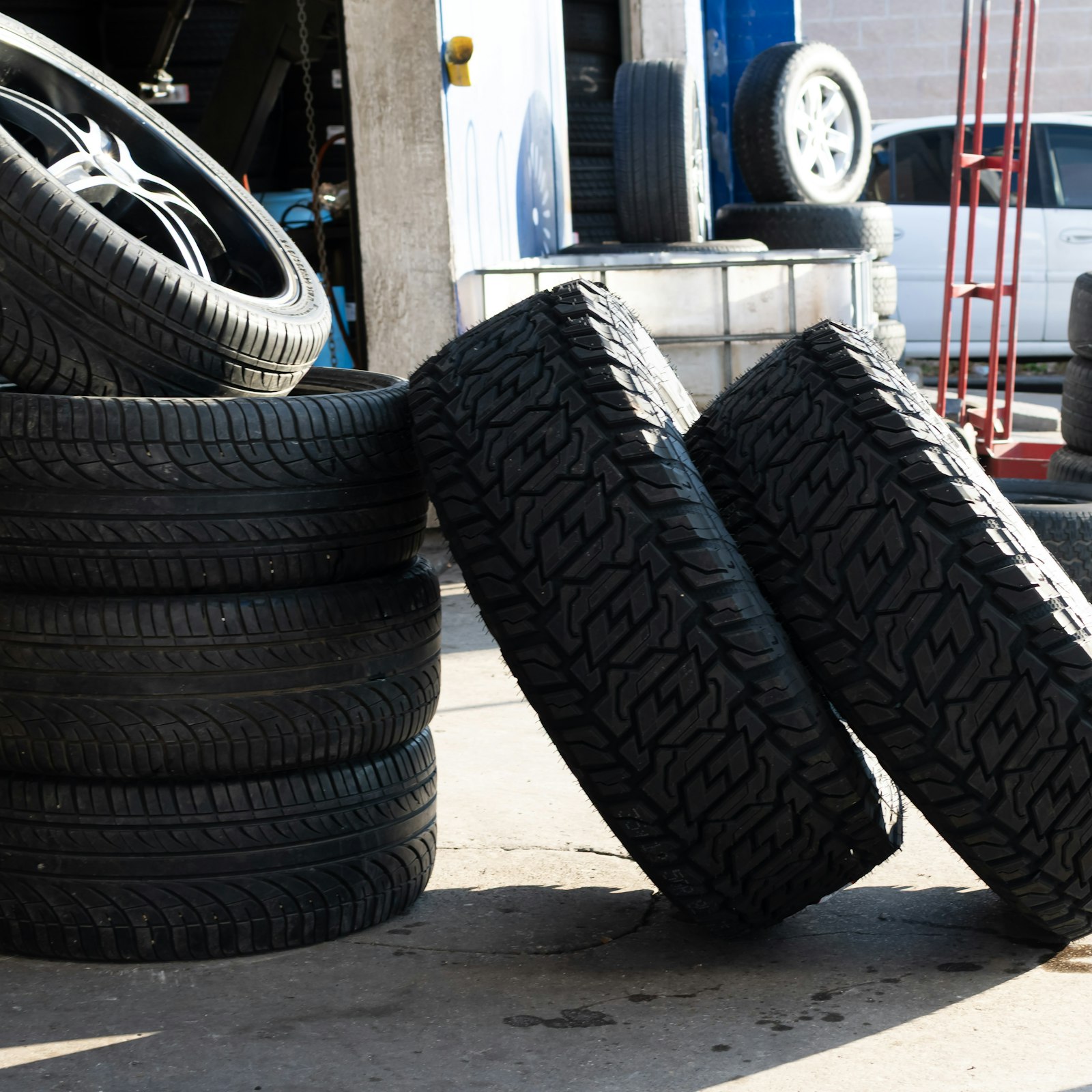 Stacked tires at the Greater Cleveland Tire shop